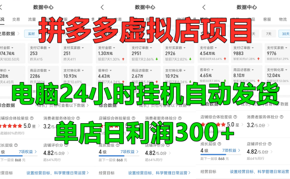 拼多多虚拟店项目，电脑挂机自动发货，单店日利润300+，可放大操作