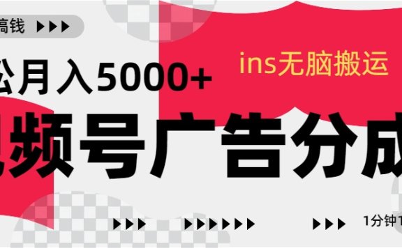 视频号广告分成，ins无脑搬运，1分钟1条原创视频，轻松月入5000+